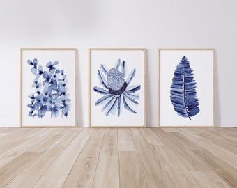 3 Set Blue Watercolour Foliage Paintings Blue Leaf Artwork Print Sizes A5 A4 A3 A2 Wall Hangings