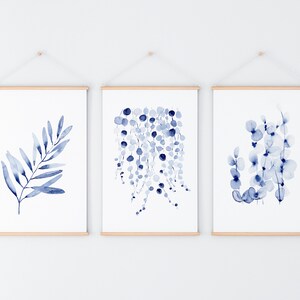 Botanical Print Leaf Wall Art Blue Set of 3 Watercolour Prints, Olive, Eucalyptus, String of Pearls, Wall Decor A5 A4 A3  A2