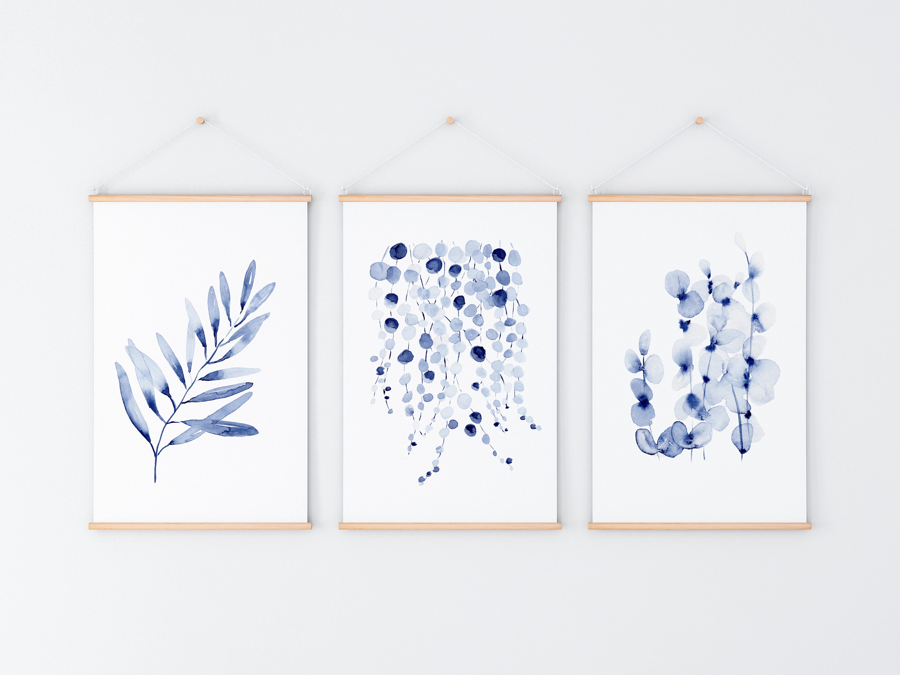 Botanical Print Leaf Wall Art Blue Set of 3 Watercolour Prints, Olive ...