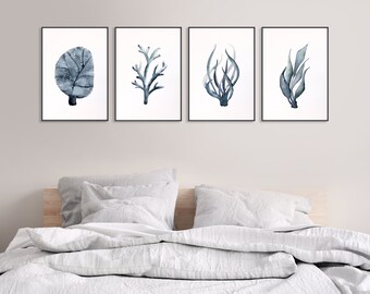 Grey Coastal Coral Wall Prints Set of 4 Prints, Coral Watercolor,  Marine Life Art, Hamptons Style Artwork, Nautical Paintings