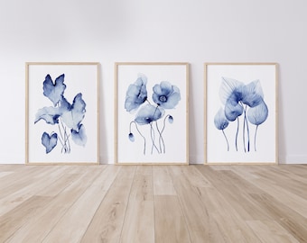 Blue Plants Foliage Watercolour Artwork Set of 3 Watercolour Wall Hangings Print Sizes A5 A4 A3 A2 Blue Art