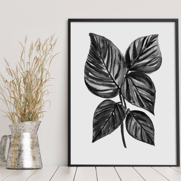 Birkin Philodendron Minimalist Wall Art Print In Black and White Gift For Plant Lovers