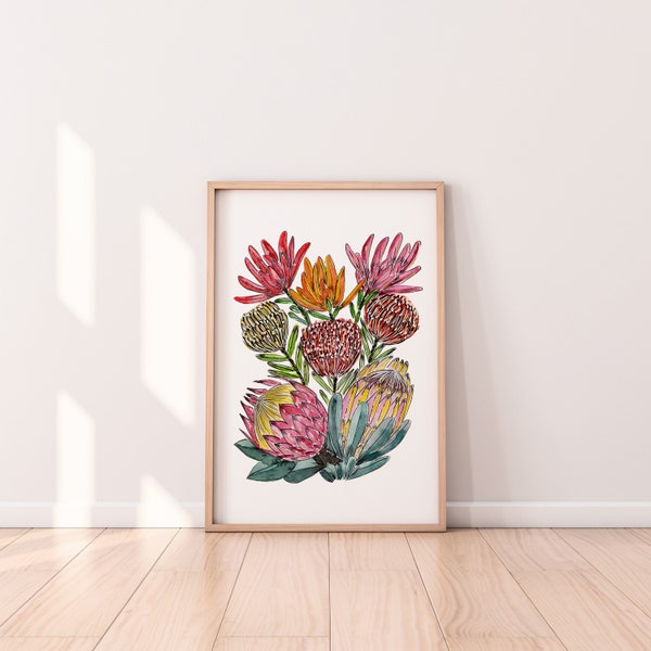 Protea Artwork Colourful Floral Art Print Floral Wall Decor from Original Paintings Prints in Sizes A5 A4 A3 A2