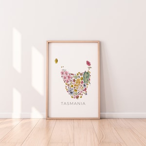 Carte florale de Tasmanie, fleurs d'Australie, aquarelles de fleurs, art du jardin botanique dimensions impressions A5 A4 A3 A2