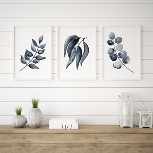 Grey Eucalyptus Watercolour Wall Art Prints Set of 3 Light Grey Bedroom Lounge Decor A5 A4 A3 A2