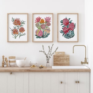 3 Set of Aussie Botanical Art Prints from Original Paintings Grevillea Waratah and Protea trio Prints Sizes A5 A4 A3 A2