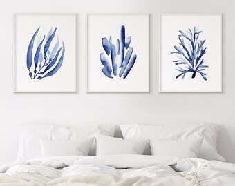 Blue Coral Coastal Art Prints For The Beach and Ocean Lovers Hamptons Blue Wall Decoration Set of 3 in A5 A4 A3 A2