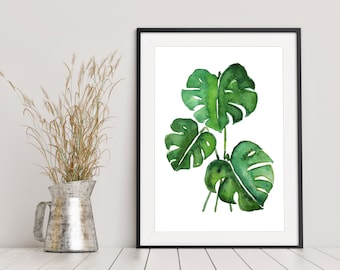 Monstera Art Print Green Watercolour Botanical Art Print Greenery Leaf Wall Decor, Sizes A5 A4 A3 A2