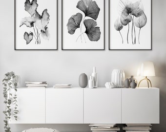 3 Set Black and White Botanical Paintings Watercolour Art Prints, Nature, Leaf, Hamptons Sizes A5 A4 A3 A2