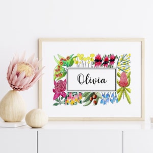 Personalised Name Print Australian Floral Native Custom Design Watercolour Wall Art Gift For Loved One Nursery Room Kids Bedroom Wall Decor