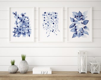 Set of 3 Hamptons Style Art Prints Eucalyptus String of Pearl Botanicals in Sizes A5 A4 A3 A2 Blue Wall Decor Watercolour