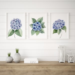 Lot de 3 impressions d'art florales d'hortensias, aquarelle botanique bleue et impressions au stylo, oeuvres d'art florales des Hamptons à partir de peintures originales