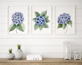 Set of 3 Hydrangea Flower Art Prints Blue Botanical Watercolour and Pen Prints Hamptons Floral Artwork from Original Paintings