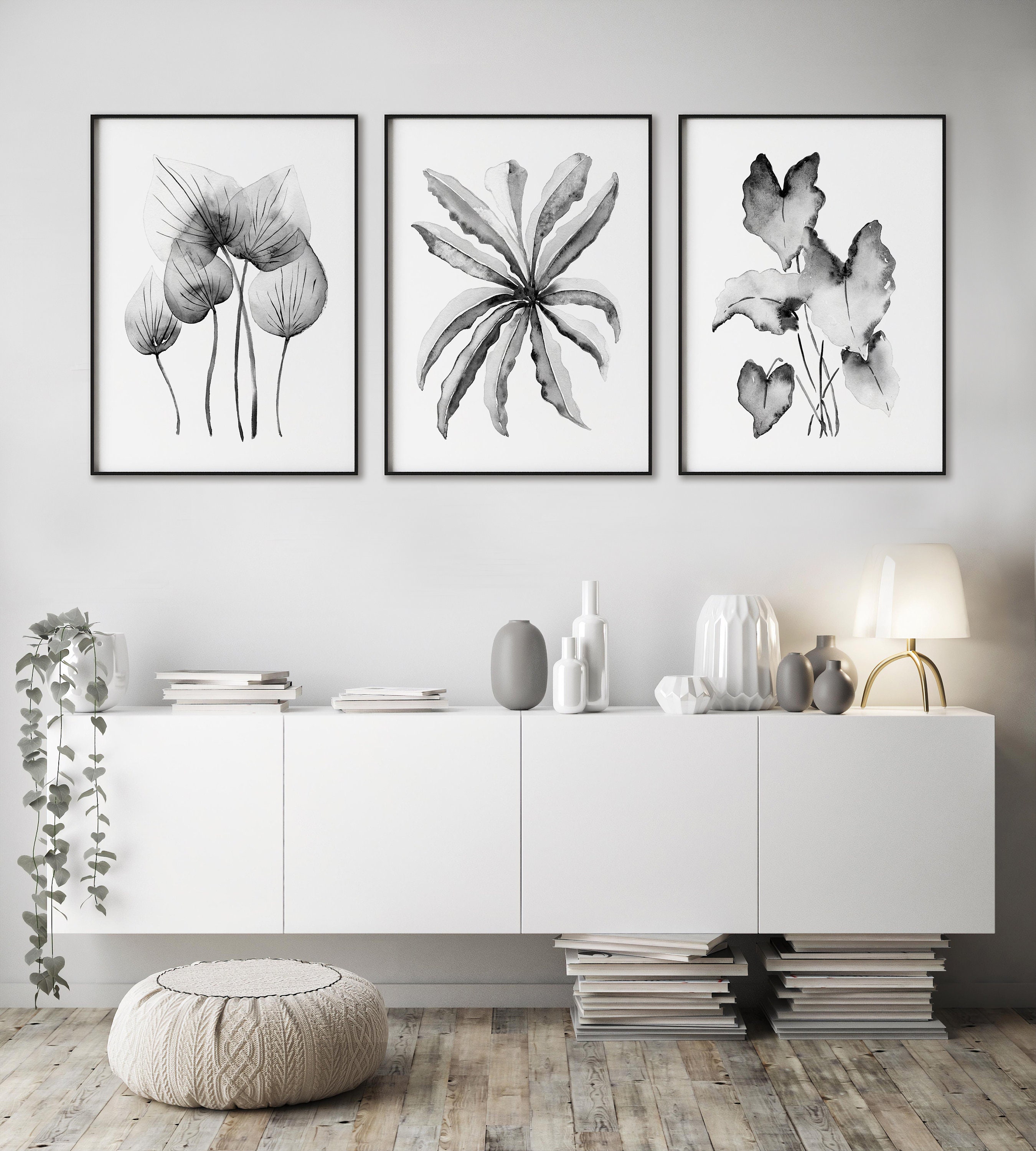 Set Of 3 Black And White Botanical Canvas Wall Art - Minimalist Flower Paintings 12x16in Framed - View #3
