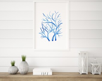 Coral Blue Watercolour Decor Prints, Ocean Beach Decor, Nautical Watercolour, Hamptons Style Artwork, Marine Paintings