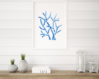 Láminas de arte de pared en azul coral, acuarela náutica, pinturas minimalistas, estilo Hamptons, naturaleza marina, decoración del hogar