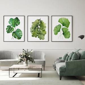 Watercolour Plant Art Prints Set of 3 Green Leaf  Wall Art Monstera Print Oak Print Ginko Print  A5 A4 A3 A2 Wall Decor Home Decor Prints