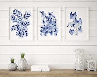 Blue Wall Print Botanical Watercolour Hamptons Set of 3 Art Decor A5 A4 A3 A2 Prints Prayer Plant Eucalyptus Philodendron