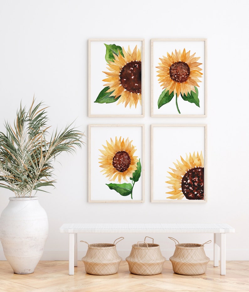 Set of 4 Yellow Watercolour Paintings of Sunflowers Wall Art Prints A5 A4 A3 A2 image 1