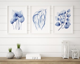 Hamptons Leaf Prints Set of 3 Sizes A5 A4 A3 A2 Blue Wall Decoration Homalomena, Nicholii and Silver Dollar