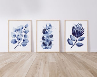 Blue Watercolour Leaf Paintings Inspired By Nature 3 Set Minimalist Artwork Print Sizes A5 A4 A3 A2