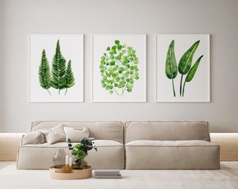 Lounge Room Art Green Botanical Set of 3 Fern Watercolour Prints Bedroom Wall Decor Tropical Leaf Pictures