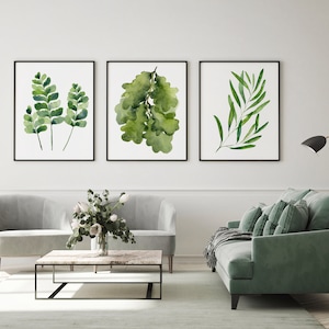 Set of 3 Green Watercolour Art Prints, Fern, Oak, Olive, Tropical Living Room Art Decoration A5 A4 A3 A2