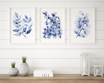 Hamptons Style Set of  3 Wall Art Small Leaved, Baby Blue, Gum Drop Prints, Room Decor, Botanical Poster, Watercolour Prints