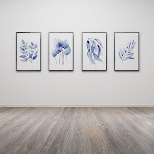 Hamptons Artwork, Set of 4, Blue Decor Artwork, Blue Botanicals, Minimalist Art Prints, Watercolour Prints, A5, A4, A3, A2