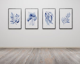 Hamptons Artwork, Set of 4, Blue Decor Artwork, Blue Botanicals, Minimalist Art Prints, Watercolour Prints, A5, A4, A3, A2