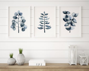 Hamptons Style Blue Grey Gum Leaf Art Prints Watercolour Botanical Plant Set of 3 A5 A4 A3 A2 Eucalyptus Wall Art Home Decor Bed Room Prints