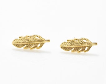 Feather Post Earring . Feather Brass Earring . 925 Sterling Silver Post . 16K Matte Gold Plated over Brass - 2pcs / IA0171-MG