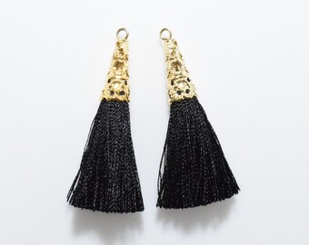 T0017-PRJT 2Pieces Large Black Thread Cone Tassel Jet Pendant Polished Rhodium-Plated