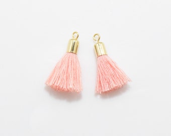 Coral Cotton Tassel . Coral Pink Tassel . Orange Tassel . Tiny Tassel . Thread Tassel. 16K Polished Gold over Brass Cap - 2pcs / UT0034-PGCL