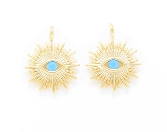 TürkisEr Evil Eye Anhänger. Evil Eye Charm. Evil Eye Perlen. SonnenAnhänger. Sonnen Anhänger. 16K Matt Vergoldet über Messing - 2Stk / IA0226-MG