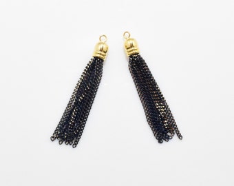 Black Metal Tassel . Black Chain Tassel . Black Tassel . Jewelry Craft Supply . 16K Polished Gold Plated over Brass Cap - 2pcs / UT0069-PGJT