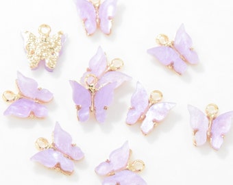 Pearl Purple Butterfly Acrylic Pendant . Butterfly Pendant . Butterfly Charm . Polished Gold Plated over Pewter - 2pcs / SK0005-PGPPP