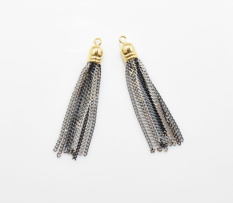 2pcs UT0069-PGGY 16K Polished Gold Plated over Brass Cap Gray Chain Tassel Mix Metal Tassel Gray Tassel Gray Metal Tassel