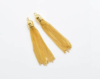 Gold Metal Tassel (Large) , Chain Tassel . Jewelry Craft Supply . 16K Polished Gold Plated over Brass Cap - 2pcs / UT0069-PG