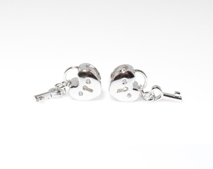 Cubic Lock and Key Bead . Lock Pendant . Lock Charm . Cubic Zirconia . Polished Rhodium 1pcs