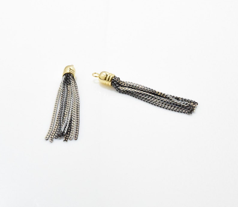 2pcs UT0069-PGGY 16K Polished Gold Plated over Brass Cap Gray Chain Tassel Mix Metal Tassel Gray Tassel Gray Metal Tassel