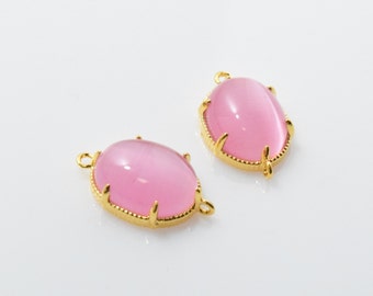 Pink Cats Eye Glass Connector, Pendant. Jewelry Craft Supplies. 16K Polished Gold Plated over Brass - 2pcs / RG0004-PGPK