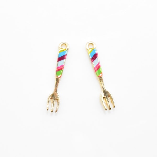 Rainbow Pattern Fork Pendant . Tiny Fork Charm . Cutlery Pendant . 16K Polished Gold Plated over Pewter - 2pcs / FU0004-PGRW