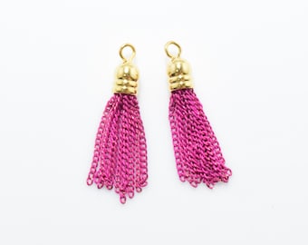 Fuchsia Metal Tassel (Small) , Chain Tassel . Jewelry Craft Supply . 16K Polished Gold Plated over Brass Cap - 2pcs / UT0070-PGFC