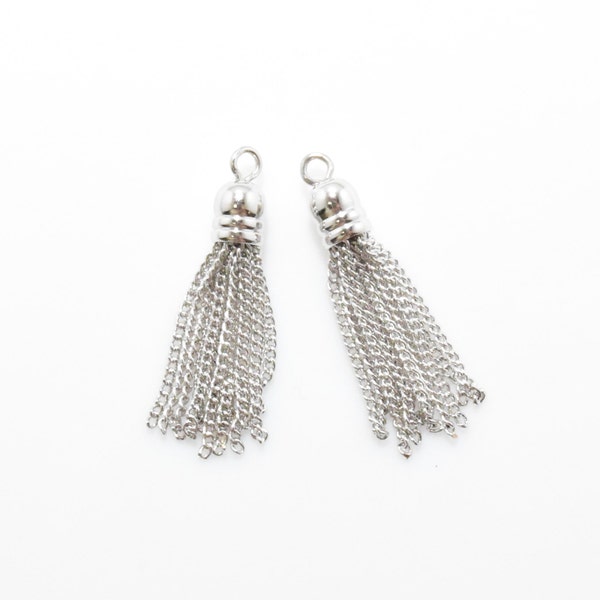 Silver Metal Tassel (Small) , Chain Tassel . Jewelry Craft Supply . Polished Rhodium Plated over Brass Cap - 2pcs / UT0070-PR