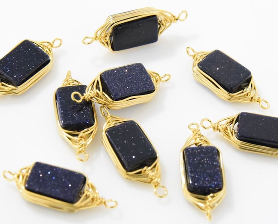 Blue Gold Sand Stone Connector . Gemstone Pendant . Black Pearl Gemstone . 16K Polished Gold over Brass - 2pcs / NB0015-PGBD