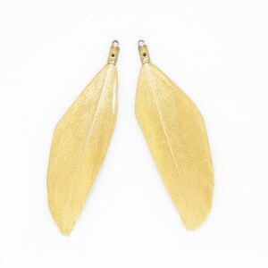 Gold Feather Pendant . Gold Feather Charm . Genuine Duck Feather . Burnished Gold Plated over Brass Cap - 2pcs / TD0001-GD