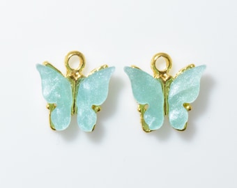 Pearl Mint Butterfly Pendant . Acrylic Butterfly Charm . 16K Polished Gold Plated over Pewter - 2pcs / SK0005-PGPMT