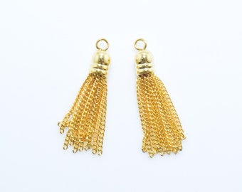 Gold Metal Tassel (Small) , Chain Tassel . Jewelry Craft Supply . 16K Polished Gold Plated over Brass Cap - 2pcs / UT0070-PG
