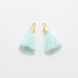 May include: Two light blue tassels with gold metal tops. The tassels are about 1 inch long.